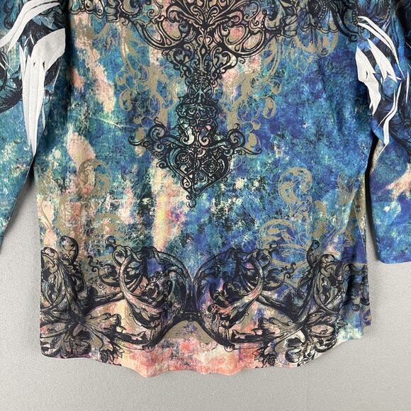Reba Top Women 2X Burnout Southwestern Rhinestone Aztec Artsy Stretchy Abstract - Picture 12 of 14